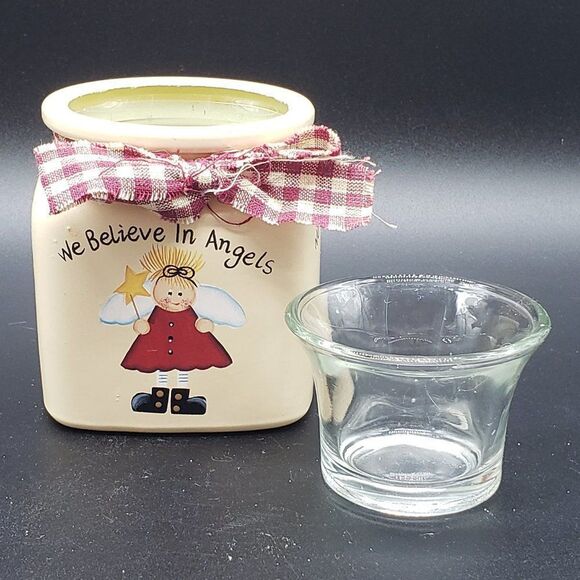 Crazy Mountain Vintage We Believe in Angels Glass Votive Candle Holder - Picture 4 of 11